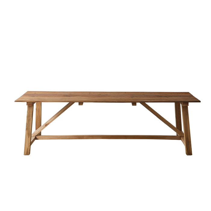 The Barndo Reclaimed Dining Table, measuring 240x100cm, boasts a rustic farmhouse style with a rectangular top and simple trestle support, crafted from reclaimed timber to add character and charm to any dining area.