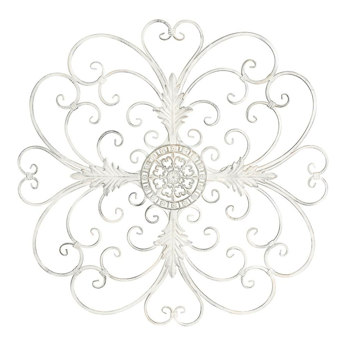 The Swirl Wall Hanging features intricate swirling patterns and a central floral design, crafted from fine iron in an ornate antique white finish. Size: 93x1x93 cm.