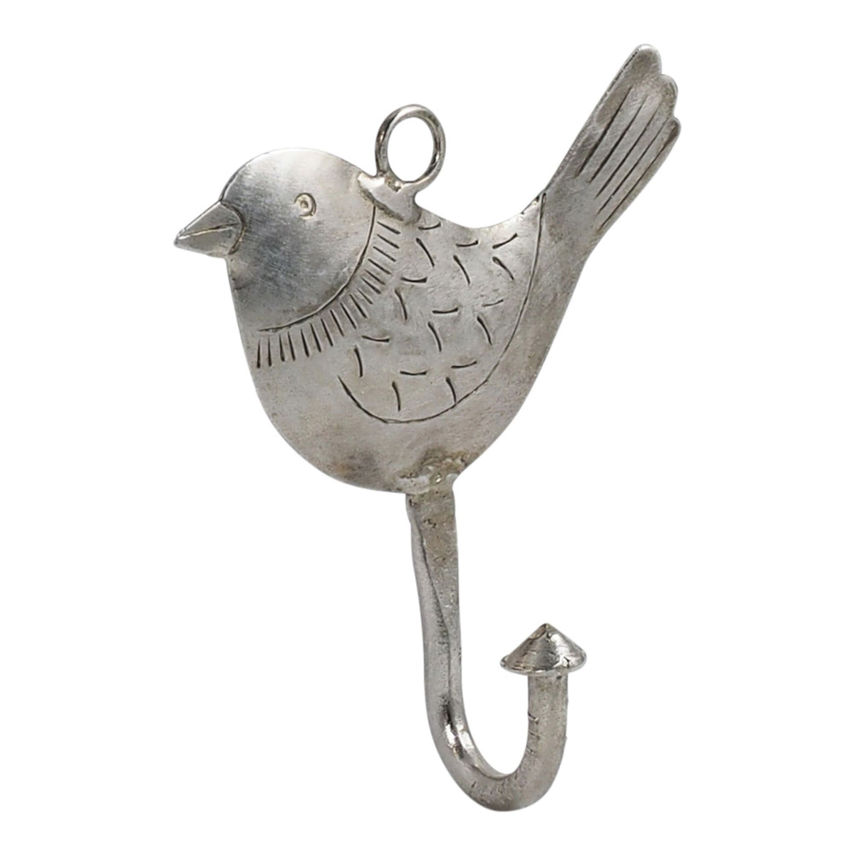 The Ashika Iron Bird Hook is a silver, bird-shaped wall hook with engraved details, a loop on top, and an upward-curving hook at the bottom for added storage.