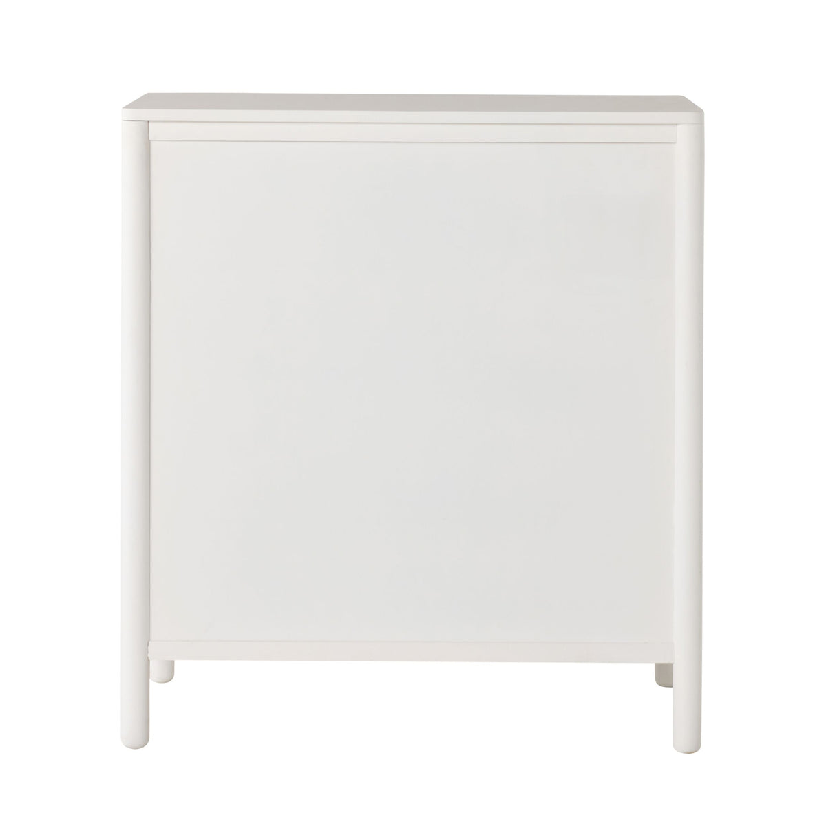 The Spintara 4 Drawer Chest White is a minimalist, rectangular storage unit with four drawers and short legs, perfect for bedroom organization. Shown in plain white against a white background.