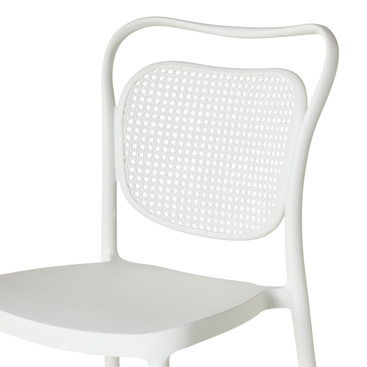 The Frankie Dining Chair White boasts a smooth white seat, a rounded backrest, and a perforated back panel made from durable polypropylene.