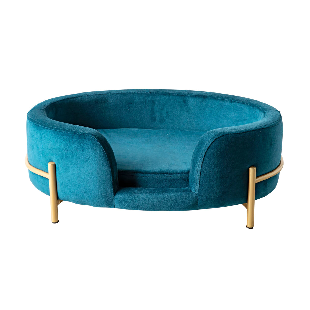 The Oval Velvet Pet Bed in teal blue, measuring 64x41x24cm, features an open front and elegant gold legs. Displayed on a white background, it offers style and comfort for your furry friend.