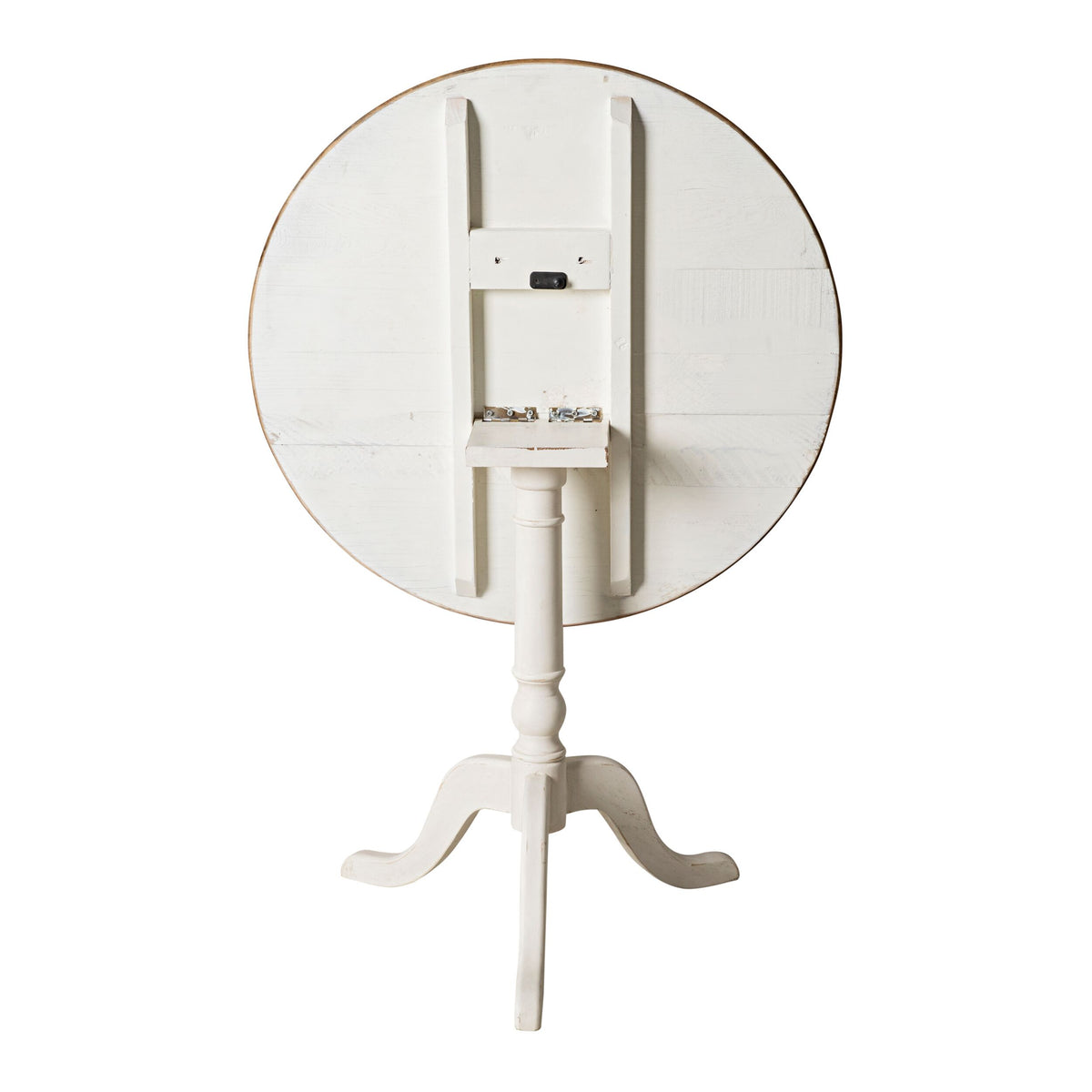 The Provincial Oak Drop-Down Cafe Table features a round white tabletop with French provincial flair, foldable design, and a tall pedestal base, shown in an upright storage position.