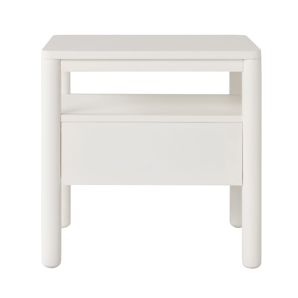 The Spintara 1 Drawer Bedside Table White features rounded edges, an open shelf, and a single drawer—photographed against a plain white background, it's ideal for bringing coastal country style to your room.