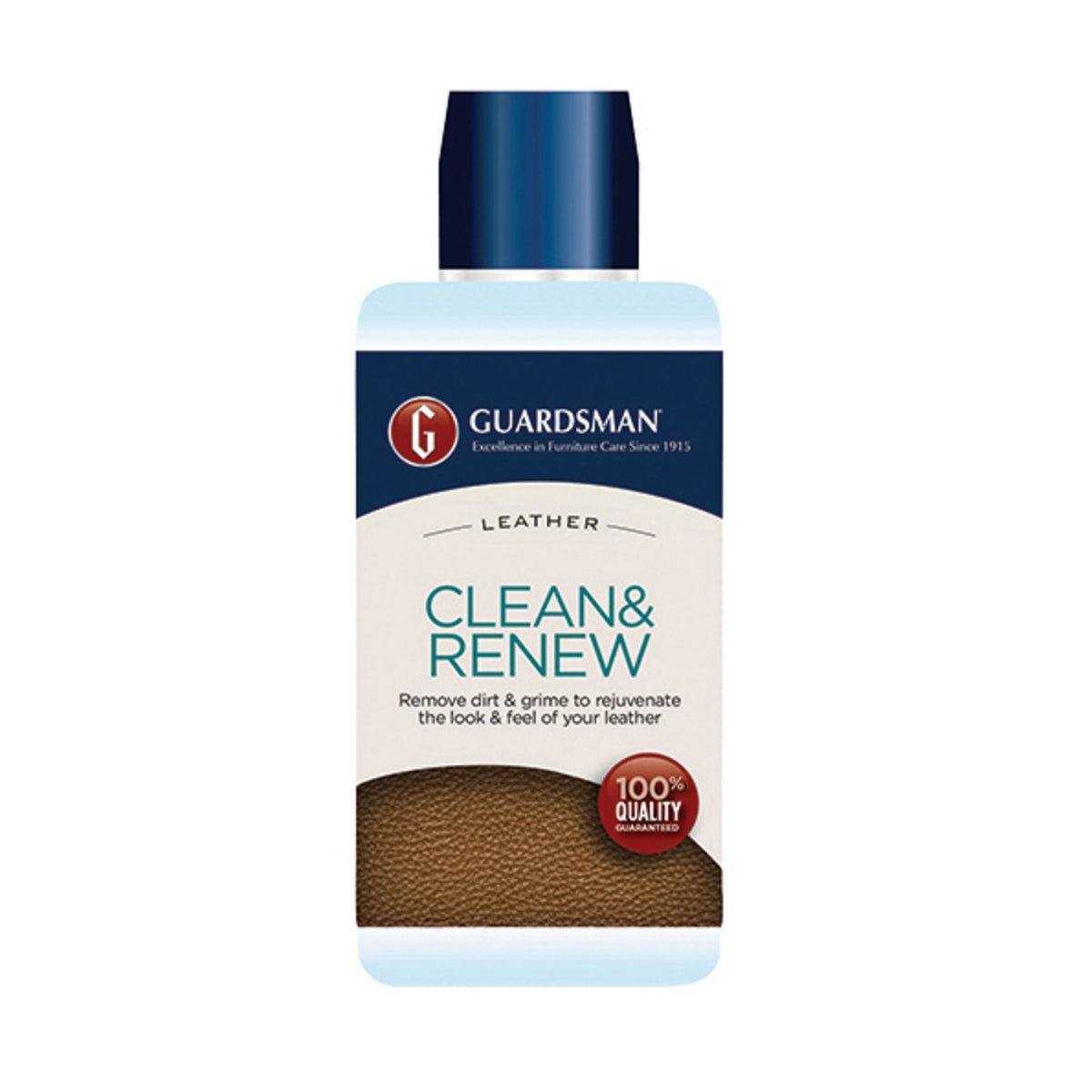 A 250ml bottle of Guardsman Leather Cleaner with a blue cap and label, designed for pH-balanced cleaning and rejuvenation of leather surfaces for a streak-free finish.