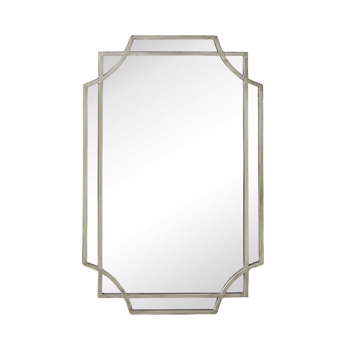 The Dominique Emerald Mirror Silver 90x60cm is a Deco-inspired rectangular wall mirror with beveled edges and a metallic frame featuring geometric corner accents, making it a striking statement piece.