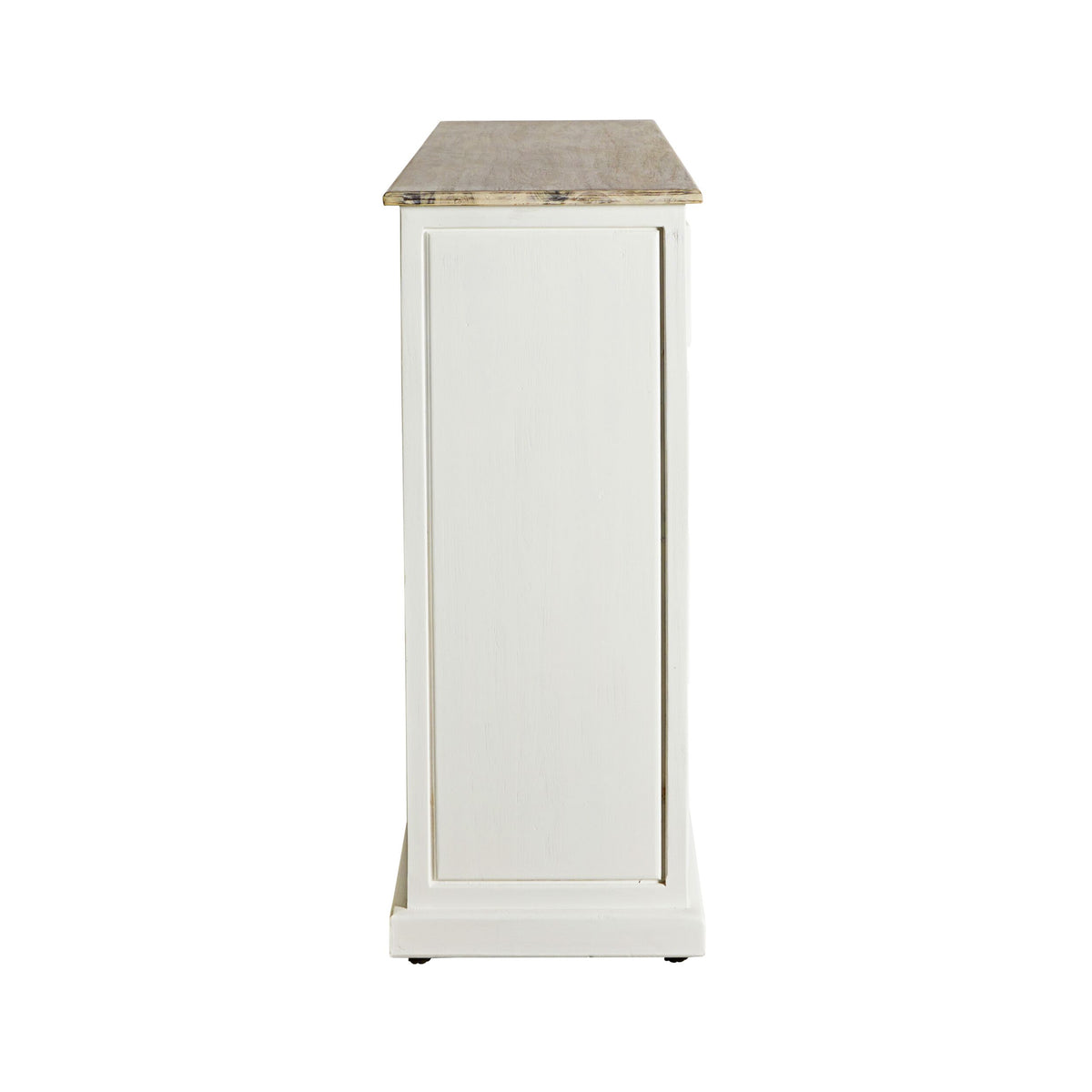 Side view of the Maldon 9 Drawer Chest, featuring a rectangular white design with an acacia timber top, photographed against a plain white background—ideal for introducing Hamptons style to your space.