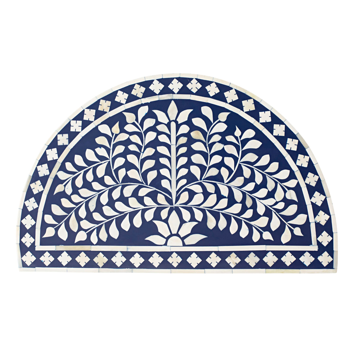 Bone Inlay Half Moon Side Table Blue with Gold Frame 53cm